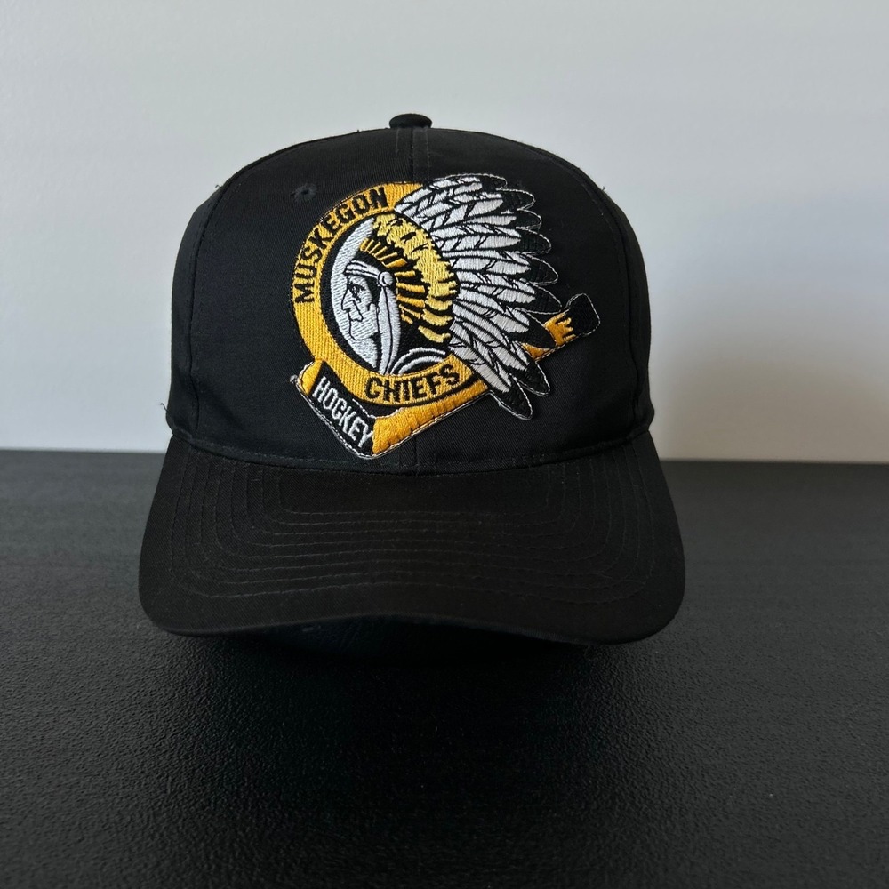 Vintage 90s Muskegon Chiefs Hat Cap Snap Back Adjustable Black Hockey Adult